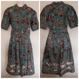 Vintage 80s Cotton Floral Teal Skirt Set Small